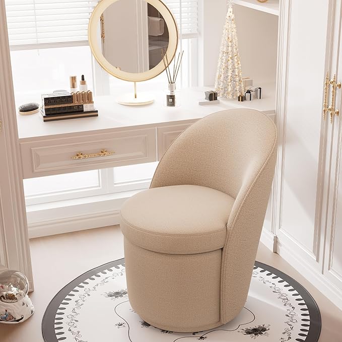 YOUNIKE Vanity Bench Boucle Fabric Coffee Solid Wood Swivel Accent Chair with Backrest Easy Assembly Dressing Stool for Bedroom & Makeup Room