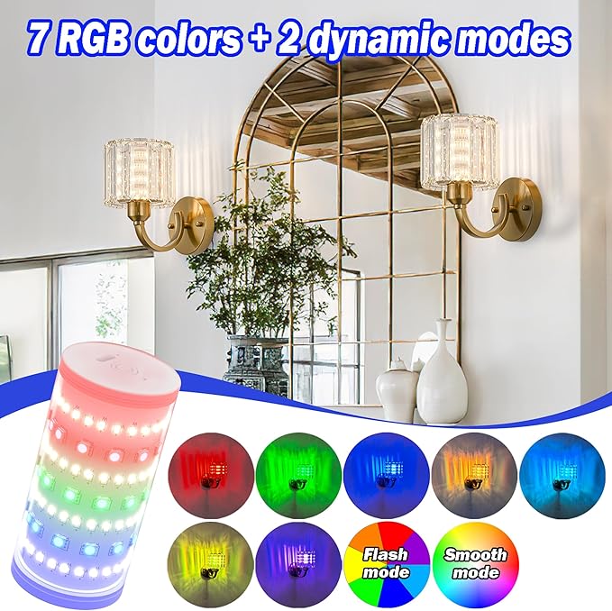 Wall Sconces Battery Operated Wall Lights Set Of Two, Wireless Rechargeable Wall Sconces With 10000mAh RGB Light Bulb, Crystal Wall Sconce With Remote Control For Bedroom, No Electrician Required