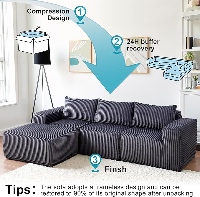 Sectional Couches for Living Room 125" L Shaped Cloud Couch Modern Modular Sectional Sofa Bad, Boneless Couch Oversized with Deep Seat, No Assembly Required, Dark Gray