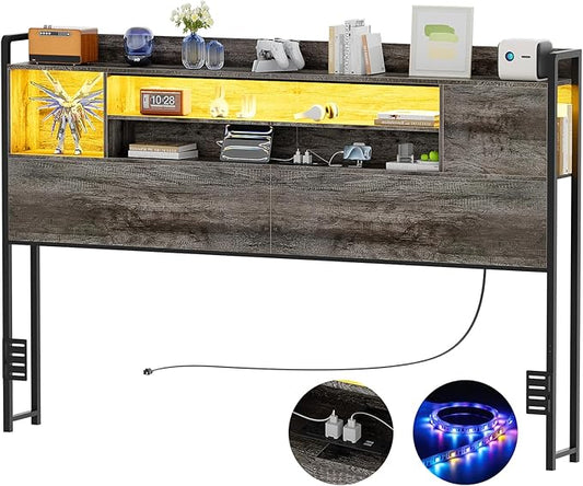 Unikito Headboard for Queen Size Bed, Bookcase Style Head Board with Power Outlet and RGB LED Light, Reversible Headboard with Storage, Height Adjustable, Sturdy and Stable, Queen Size, Black Oak