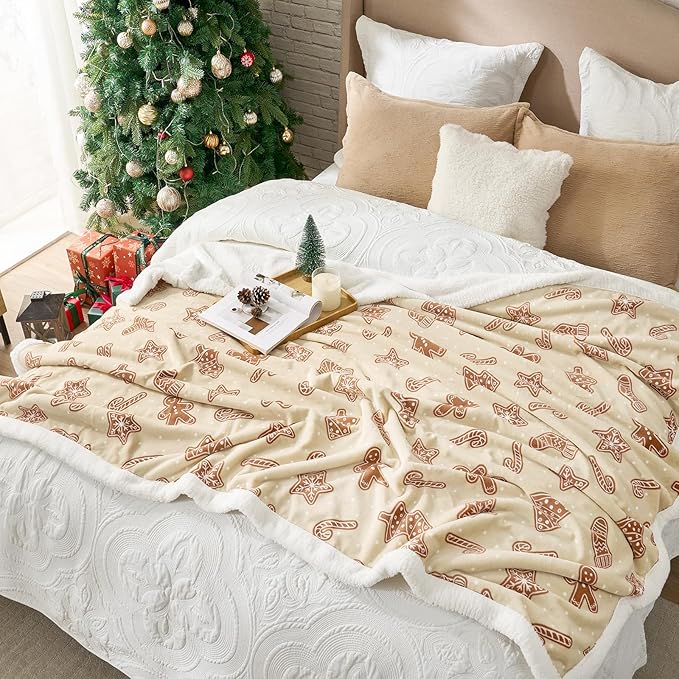 Cozy Bliss Christmas Sherpa Throw Blanket, Gingerbread Sugar Stick Throw Blankets Fluffy Thick Warm Plush Fuzzy Blanket for Couch, Bed and Gifts(50 * 60)