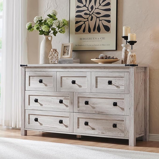 RedLemon Farmhouse 7 Drawer Dresser for Bedroom, 54 Inch Wide Rustic Wood Dresser TV Stand, Dresser Chest of Drawers for Closet, Living Room, Hallway, Antique Brush White