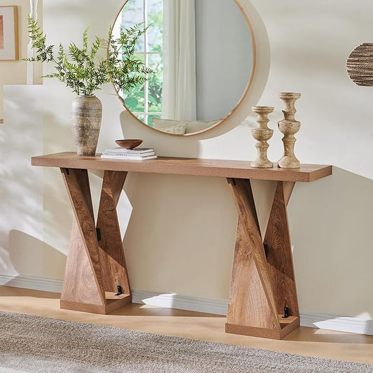 OKD Modern Entryway Table, 63" Twisted Console Table with Wood Pedestal, Farmhouse Sofa Table with Storage, Rustic Entry Table Tor Living Room, Entryway, Hallway, Light Tree Knot