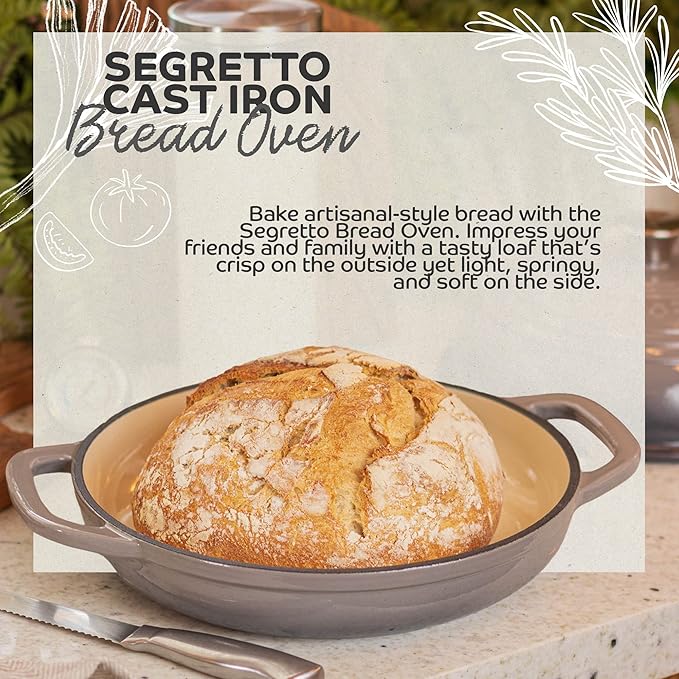 Enameled Cast Iron Bread Pan with Lid, 11” Grigio Scuro (Gray) Bread Oven Cast Iron Sourdough Baking Pan, Dutch Oven for Bread - Segretto Cookware