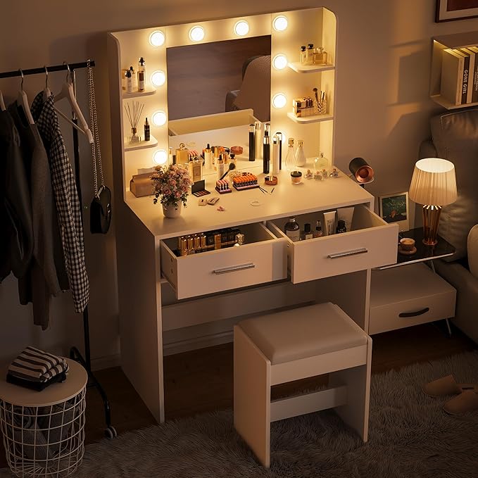 Furmax Make up Vanity Desk with Mirror and Power Outlet, Vanity with 3 Color Light Options Adjustable Brightness,Vanity Desk with 2 Drawers, 6 Storage Shelves (White, No Bench)