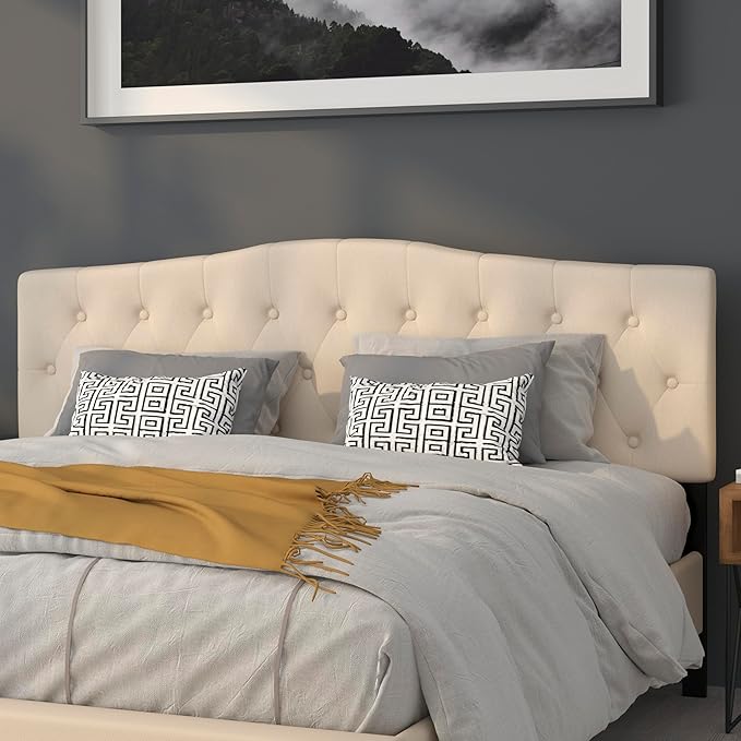 EMMA + OLIVER Tufted Upholstered King Size Headboard in Beige Fabric