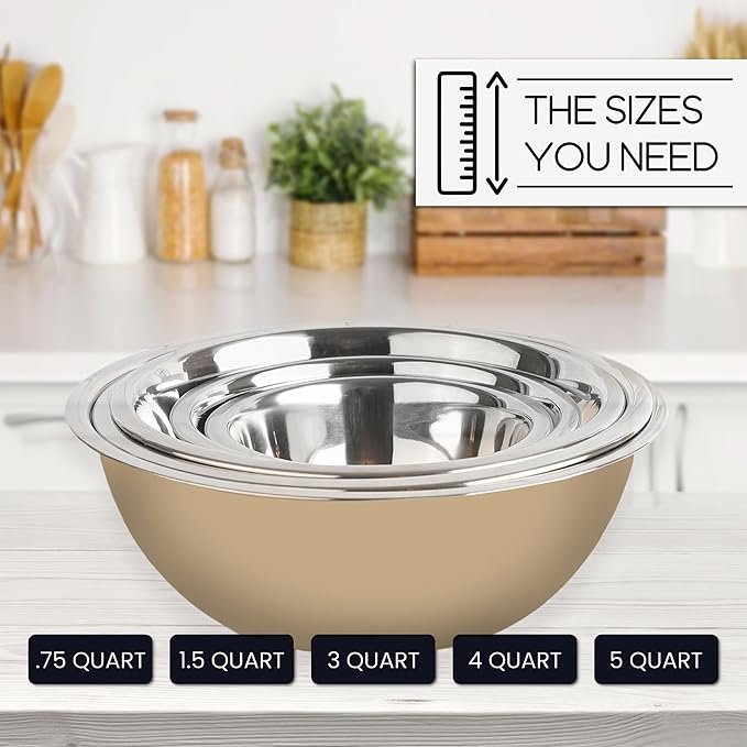 WHYSKO Meal Prep Stainless Steel Mixing Bowls Set, Home, Refrigerator, and Kitchen Food Storage Organizers | Ecofriendly, Reusable, Heavy Duty (Khaki)
