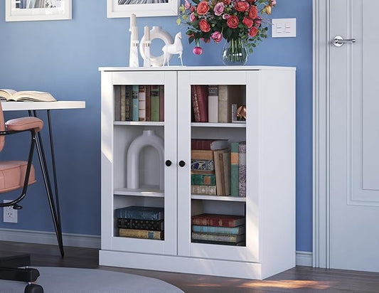 Palace Imports Solid Wood Bookcase - Floor Standing Bookshelf - 32” W - Display Furniture, Renewable 100% Eco-Friendly Wood, Made in Brazil (White, Clear Glass Doors | 3-Shelf Short Bookcase)