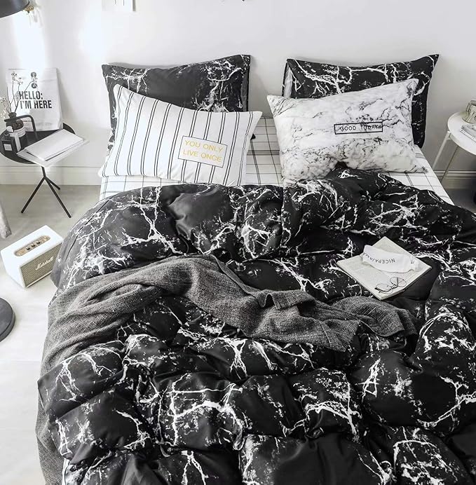 Luxlovery Black Marble Comforter Set King Black and White Marble Bedding Comforter Set Women Men Gothic Abstract Comforter King Size Breathable Soft Cozy Blanket Quilts Comforter with 2 Pillowcases