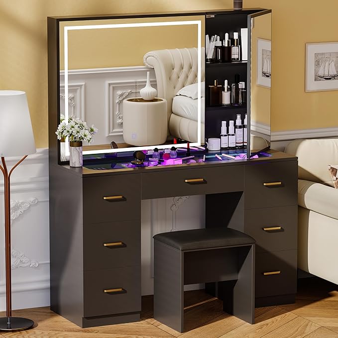 Glass Top Vanity Desk with Mirror and Lights, Black Makeup Vanity with RGB Drawer, Dressing Table with Adjustable Brightness, Vanity Set for Dressing Room (Black-Glass Top, with Stool)
