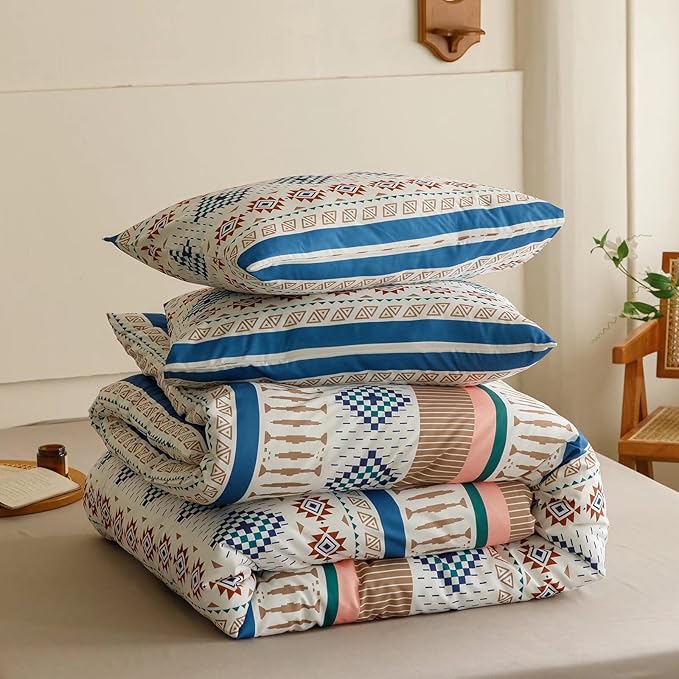 Luxlovery Aztec Comforter Set King Beige Blue Bohemian Bedding Set King Southwestern Exotic Ethnic Rustic Native American Navajo Bedding Set Folkloric Comforter Set Women Men