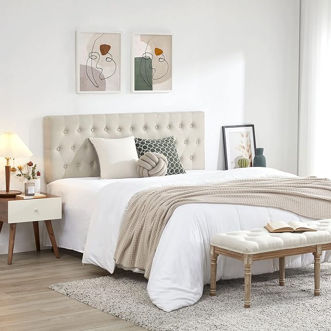 Kingfun Tufted Upholstered Queen Size Bed Headboard in Modern Button Design, Adjustable Solid Wood Head Board, Premium Linen Fabric Padded Headboards in Bedroom (Beige, Queen)