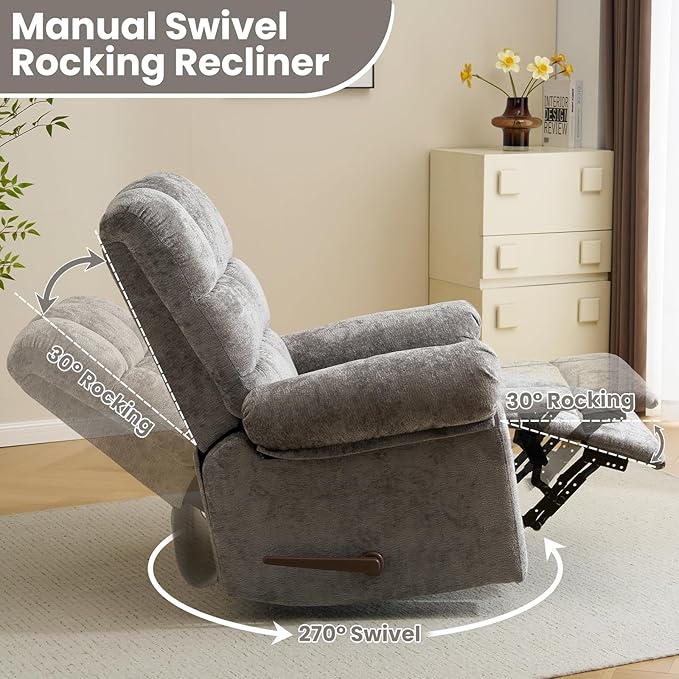 Oversized Swivel Rocker Recliner with Massage and Heat, 26" Extra Wide Manual Recliner for Adults & Big Man, Overstuffed Rocking Chair with High Back for Living Room, Grey Chenille