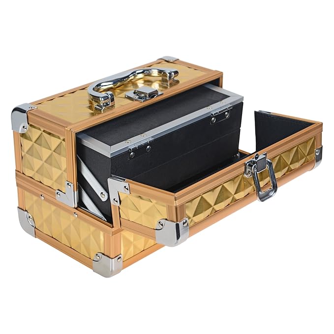 SHANY Chic Makeup Train Case Cosmetic Box Portable Makeup Case Cosmetics Beauty Organizer Jewelry storage with Locks, Multi trays Makeup Storage Box with Makeup Mirror - Golden House
