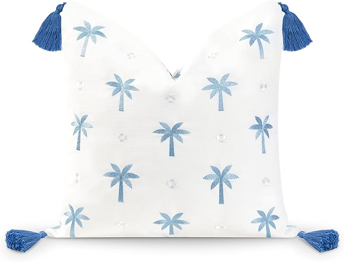 Hofdeco Premium Coastal Hampton Style Patio Indoor Outdoor Pillow Cover Only, 20"x20" Water Resistant for Backyard, Couch, Baby Blue Embroidered Palm Tree Tassel