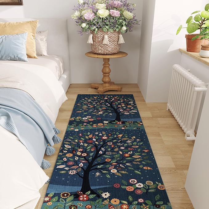 Runner Rug for Kitchen Rug Non Slip 2'x6' Washable Rugs Floral Tree with Rubber Backing Bohemian Soft Carpet Runner for Kitchen, Laundry, Bedroom, Bathroom, Blue