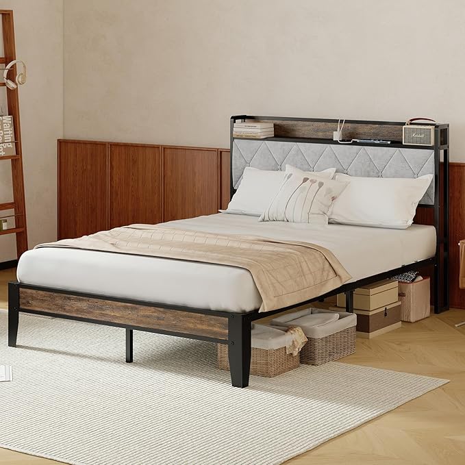 Sweetcrispy Full Bed Frame with Headboard,Spacious Underbed Storage,Integrated Charging Station,Durable Squeak-Free Frame,Simple No-Tool Assembly,Works with Full Mattress No Box Spring Required