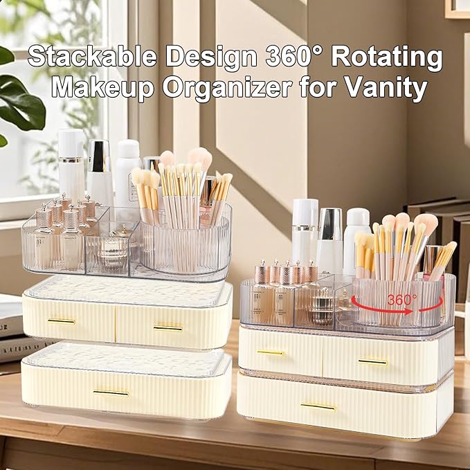 DASITON Makeup Organizer with Drawers and Rotating Makeup Brush Holder,Large Capacity Stackable Cosmetic Organizer Countertop,Bathroom Organizers and Storage,Make up Organizers for Vanity (Cream 03)