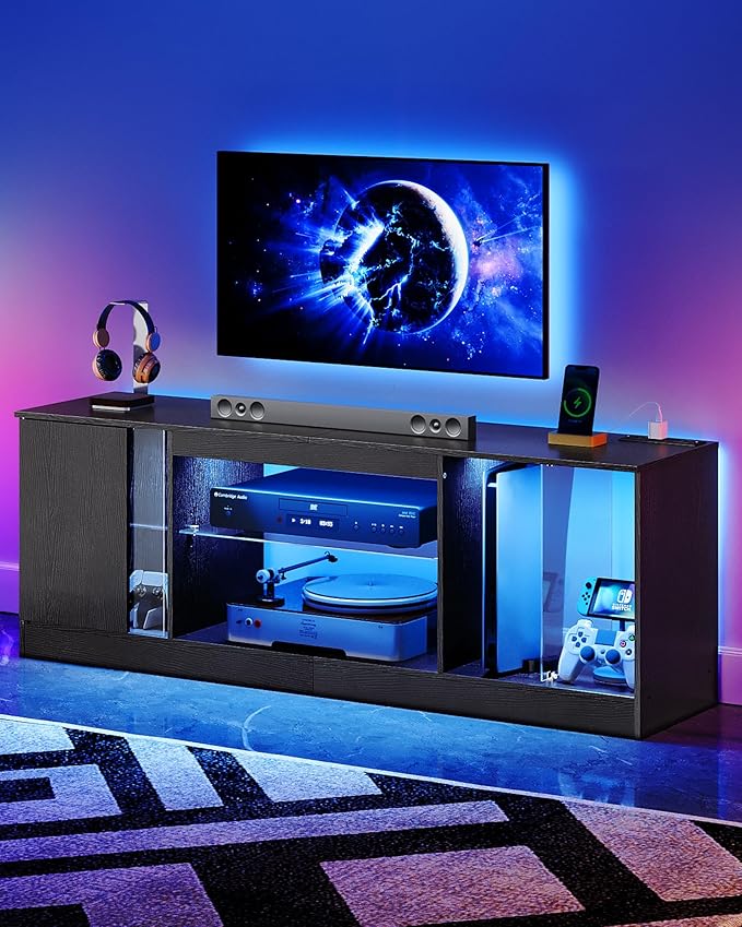 TV Stand with Power Outlets 55 65 inch, Modern Entertainment Center with Multi-Color LED Light, Media TV Console with Adjustable Glass Shelves for Living Room Black MDS01UDBB