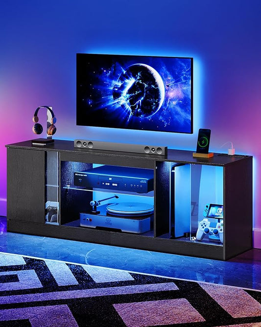 TV Stand with Power Outlets 55 65 inch, Modern Entertainment Center with Multi-Color LED Light, Media TV Console with Adjustable Glass Shelves for Living Room Black MDS01UDBB