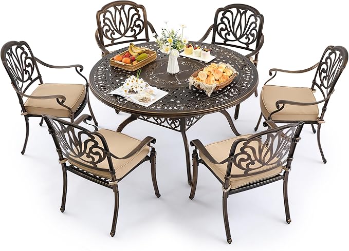 7 Piece Outdoor Dining Set Cast Aluminum, Retro Patio Dining Furniture Set for 6 Includes 54’’ Round Table 6 Chairs with Thicker Cushion and Umbrella Hole for Patio Deck Garden