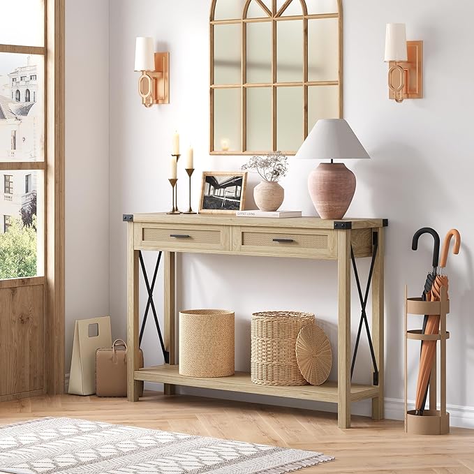 IDEALHOUSE Entryway Table, Console Table with Rattan Drawers, 43" Sofa Table with Storage, Console Tables for Entryway, Living Room, Hallway, Foyer-Burlywood