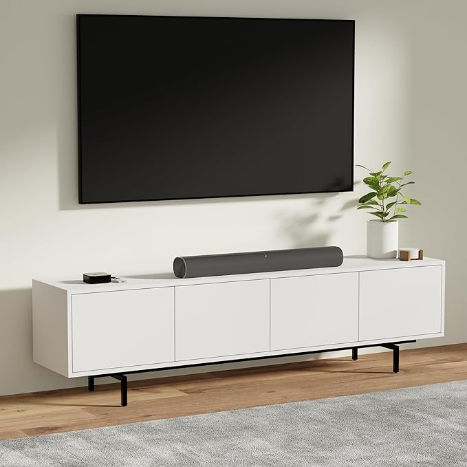 Norrhaus 75" x 20" 4-Door TV Stand in White - Modern TV Console Made from Quality Engineered Hardwood with Water Resistant Melamine Veneer - No Tools Frame Assembly