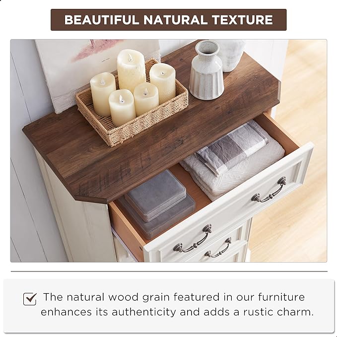 T4TREAM Farmhouse 5 Drawers Dresser for Bedroom, 48" Tall Wood Rustic Chest of Drawers with Natural Texture, Vintage Design, Storage Dressers Organizer for Bedroom, Living Room, Hallway, Antique White