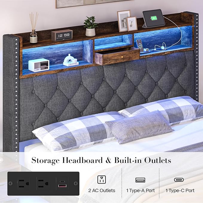 Full Size Bed Frame, Linen Storage Headboard with LED Light & Charging Station, Upholstered Platform Bed with 2 Storage Drawers, Steel Slats Support, No Box Spring Needed, Grey