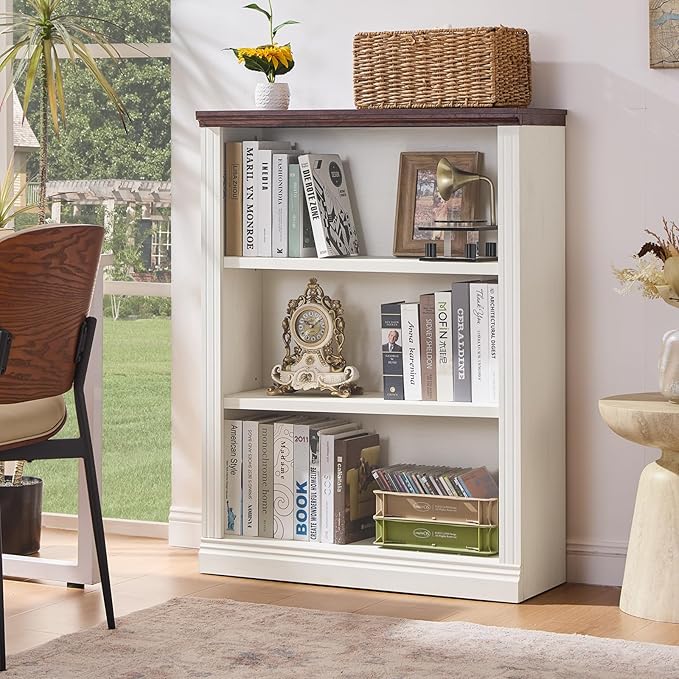 43" White Tall Bookshelf Set of 2,3-Tier Thick Wooden Book Shelf with Adjustable Shelves,Free Standing Farmhouse Bookcase with Open Display Storage,Floor Vintage Bookshelves for Living Room