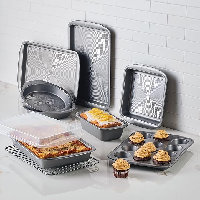 Circulon Nonstick Heavy Gauge Steel Bakeware Set with Rolled Pan Edges Loaf Pan, Cookie Pan, Baking Pans, Cake Pans, Muffin Pan and Cooling Rack (10-Piece, Gray)