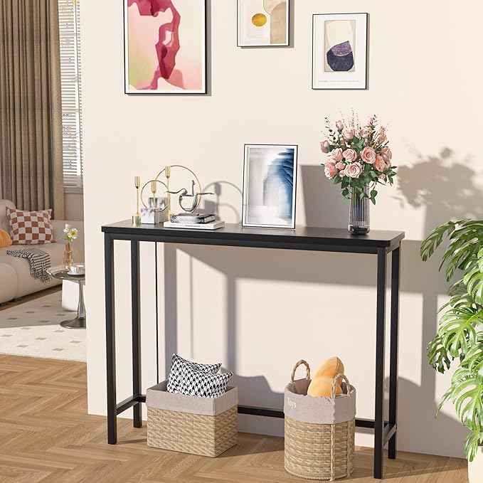 VASMIA Console Table with Power Outlet and USB Ports, Entryway Table, Narrow Sofa Table, 39" Bamboo Skinny Hallway Table for Entryway, Living Room, Bedroom, Foyer, Black