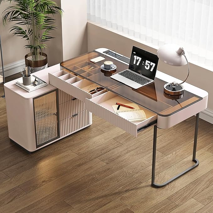 Lartis Office Desk, Very Easy to Assemble, Computer Desk, Home Telescopic Writing Desk, Modern Computer Desk with Retractable Cabinet Built-in LED Lights (Pale Pink, 53 in)