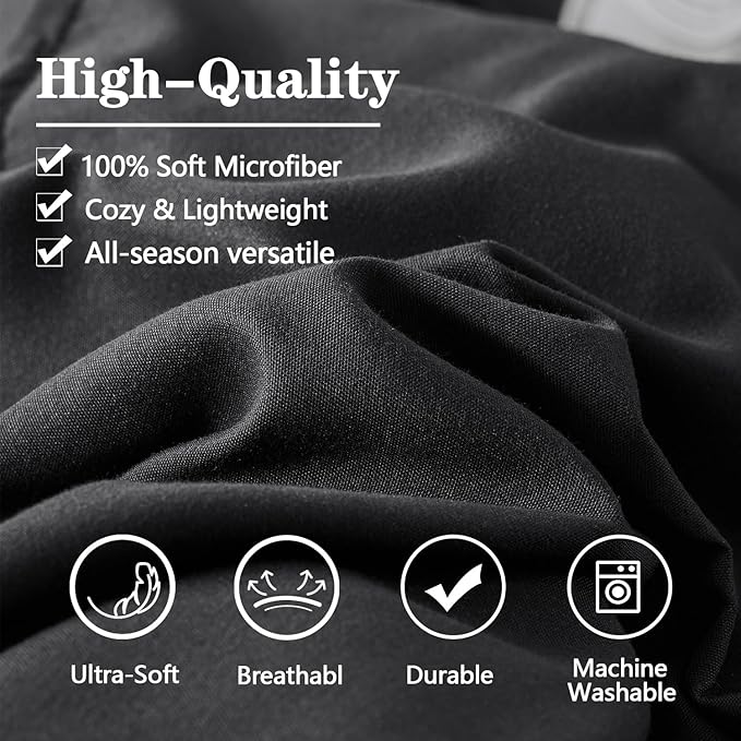 Yogeneg Full Size Comforter Set 7 Piece Bed in a Bag,Grid Pinch Pleat Black Bedding Set,Striped Textured Soft Microfiber Comforter with Sheet Set,All Season Complete Bed Set(Black,Full)