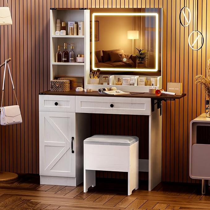KAMABOKO Vanity Desk with Mirror, LED Lights and Power Outlet, Makeup Vanity Table with 2 Drawers and 3 Storage Shelves, Dressing Table w/Stools for Bedroom (White)