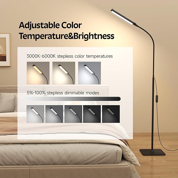 LED Floor Lamp, Reading Lamps Adjustable Stepless Colors & Brightness Gooseneck Standing Lamp, Nail Tech Lamp, Lash Light for Eyelash