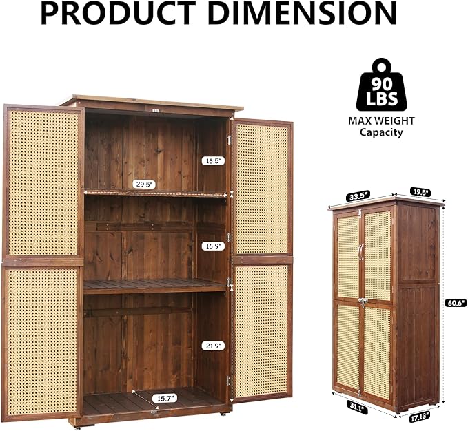60 Inches Outdoor Storage Shed, Wood Shed with Rattan Indoor Storage Cabinet with Floor, Adjustable Shelves for Patio, Garden,Lawn and Living Room, Carbonized Black