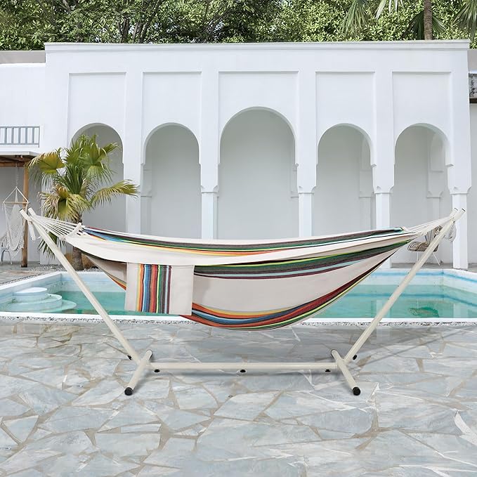 LazyDaze Hammocks Double Hammock with Stand - 2 Person Heavy Duty Outdoor Hammock for Adults, Includes Durable Steel Stand, Portable Carrying Bag and Pillow, Rainbow Stripes