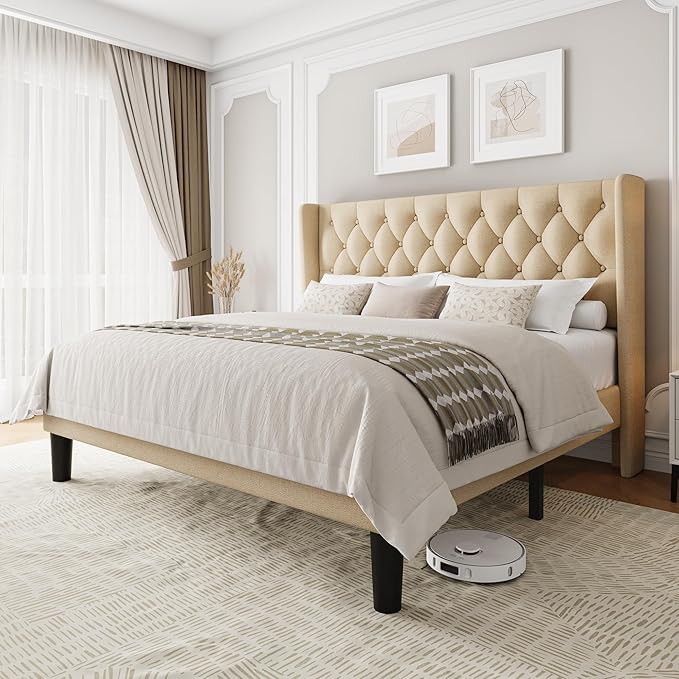 King Size Upholstered Bed Frame with Wingback Headboard, Fabric Linen Platform Bed, 8" Under Bed Storage, Wooden and Metal Slats Support, No Box Spring Needed, Beige