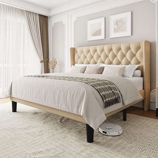 King Size Upholstered Bed Frame with Wingback Headboard, Fabric Linen Platform Bed, 8" Under Bed Storage, Wooden and Metal Slats Support, No Box Spring Needed, Beige