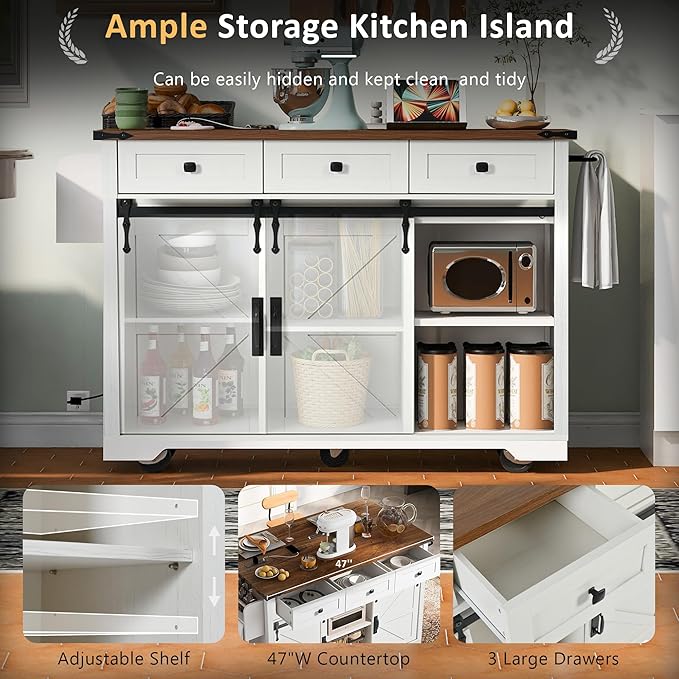 Merax 53.7" Kitchen Cart Island on Wheels with Power Outlet,Drop Leaf and 2 Sliding Barn Door,Farmhouse Style Storage Cabinet for Dining Room