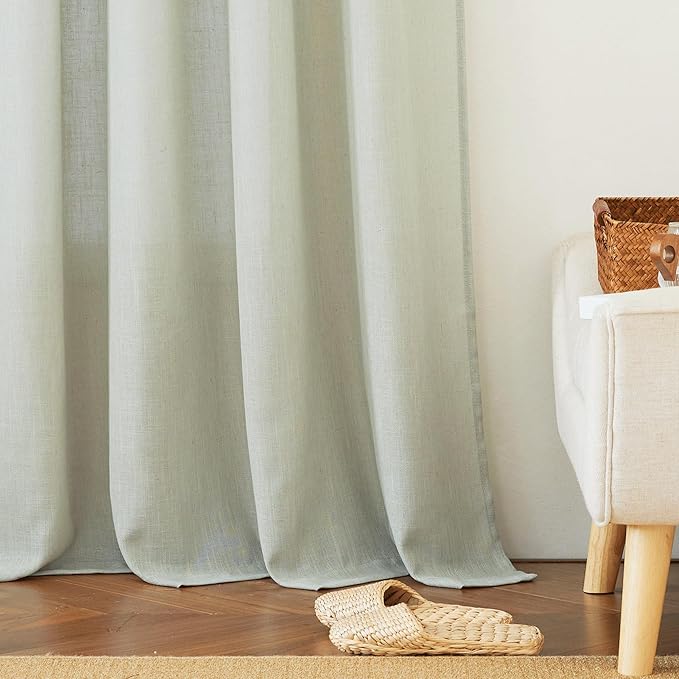 RYB HOME Flax Linen Blend Curtains for Closet Kitchen, Semi Translucent Privacy Protection Light Filtering Decorative Short Small Window Drapes for Bedroom, W 52 x L 36 inches, Sage Green, 2 Panels