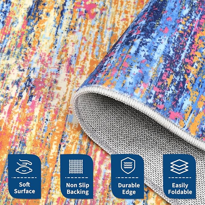 Washable Rug 5x7 Abstract Area Rug for Living Room, Non Slip Foldable Soft Rugs for Bedroom, Stain Resistant Rugs Modern Fuzzy Rug, Indoor Floor Carpet for Entryway Home, Blue/Orange