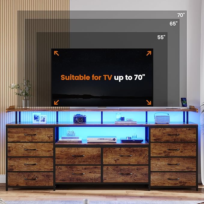 12 Drawers TV Stand Dresser for 65/70 inch TV, Entertainment Center with LED Lights & Power Outlets, 63" Large LED TV Stand, TV Console for Bedroom