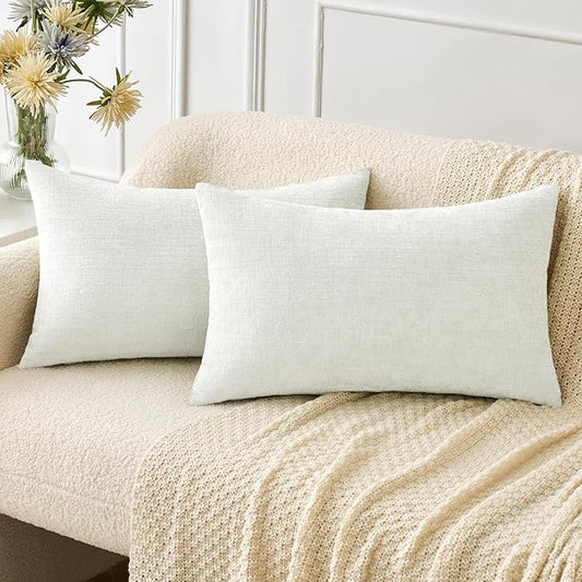 MIULEE Pack of 2 Couch Throw Pillow Covers 12x20 Inch Soft White Chenille Pillow Covers for Sofa Living Room Solid Dyed Pillow Cases