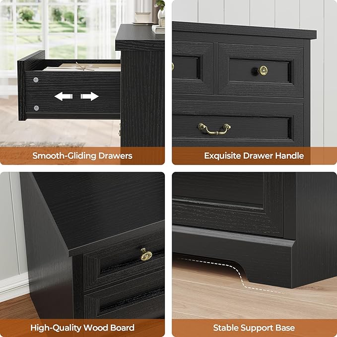 DICTAC 10 Drawers Dresser for Bedroom,55" Wide Farmhouse Dresser with Natural Texture and Vintage Metal Handles, Rustic Wood Chest of Drawers for Bedroom, Living Room, Hallway,Black