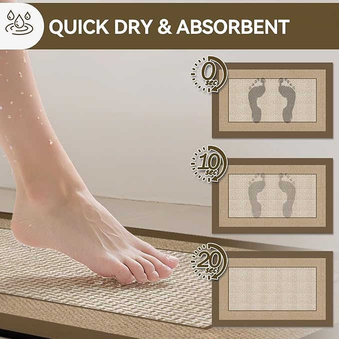 Non Slip Thin Bath Mat Bathroom Rugs, Rubber Backing Ultra Thin Bathroom Rug Fit Under Door, Quick Dry Super Absorbent Washable Shower Bath Mats, Khaki 16x24