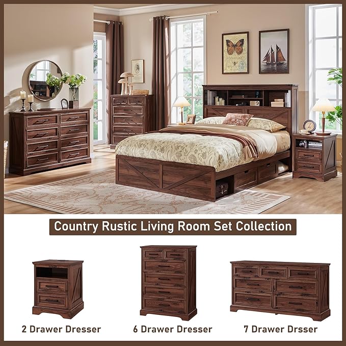 7 Drawer Dresser, Farmhouse Chest of Drawers for Bedroom, 52" Wide Dresser TV Stand with Large Metal Handles, Wood Drawer Organizer for Living Room, Hallway - Brown