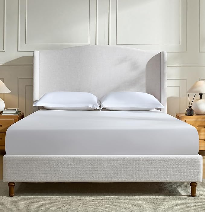 Queen Wingback Bed Frame, 54" Tall Headboard, Chenille Upholstery, Heavy Duty Support, Solid Wood Feet, Easy Assembly (Ivory White Chenille Camelback,Queen)