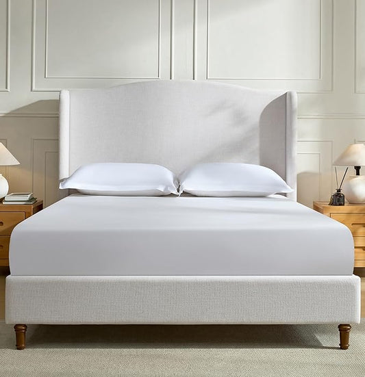 Queen Wingback Bed Frame, 54" Tall Headboard, Chenille Upholstery, Heavy Duty Support, Solid Wood Feet, Easy Assembly (Ivory White Chenille Camelback,Queen)